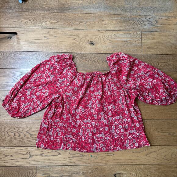 Boho Floral Shirt SZ 3X Red White Peach Balloon Sleeves Elastic Neck Line Airy - Picture 2 of 6